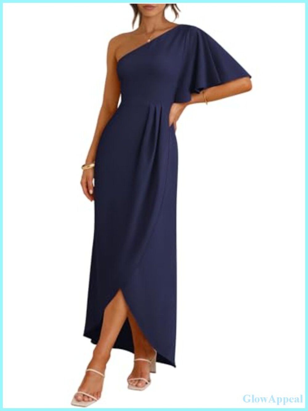 One Shoulder Formal Midi Dress Ruffled Sleeve Slit Wedding Guest
